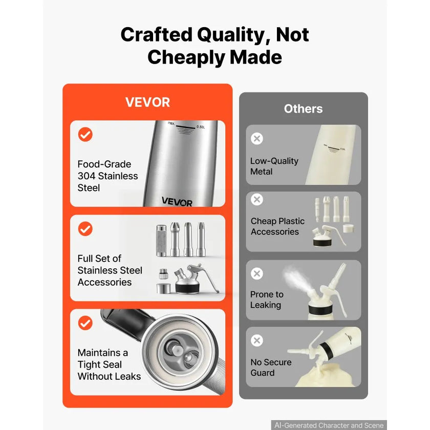 Professional 500ml Stainless Steel Whipped Cream Dispenser, 304 Stainless Steel Cream Whipper with 3 Decorating Nozzles & Cleaning Brush