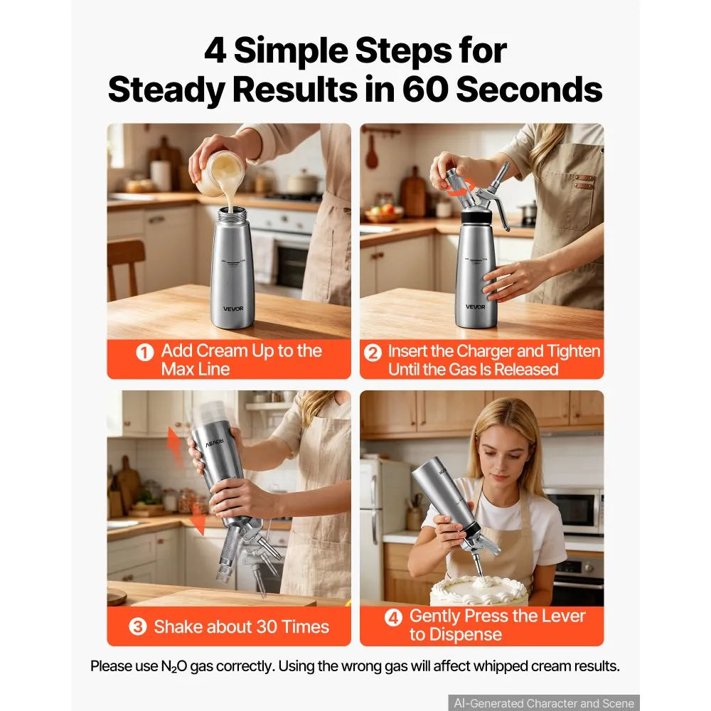 Professional 500ml Stainless Steel Whipped Cream Dispenser, 304 Stainless Steel Cream Whipper with 3 Decorating Nozzles & Cleaning Brush