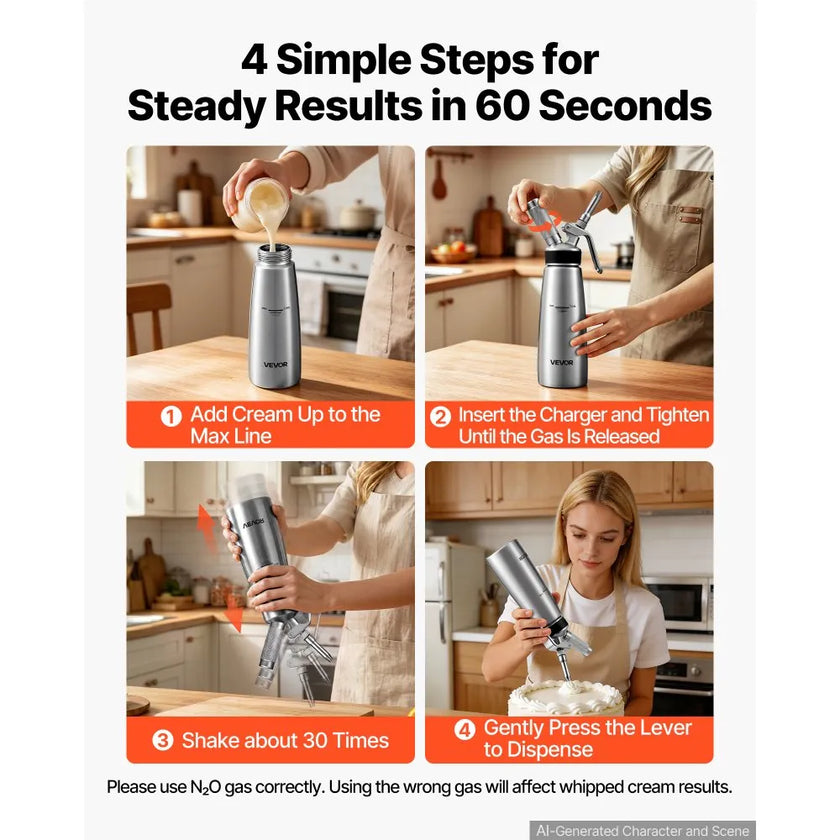 Professional 500ml Stainless Steel Whipped Cream Dispenser, 304 Stainless Steel Cream Whipper with 3 Decorating Nozzles & Cleaning Brush