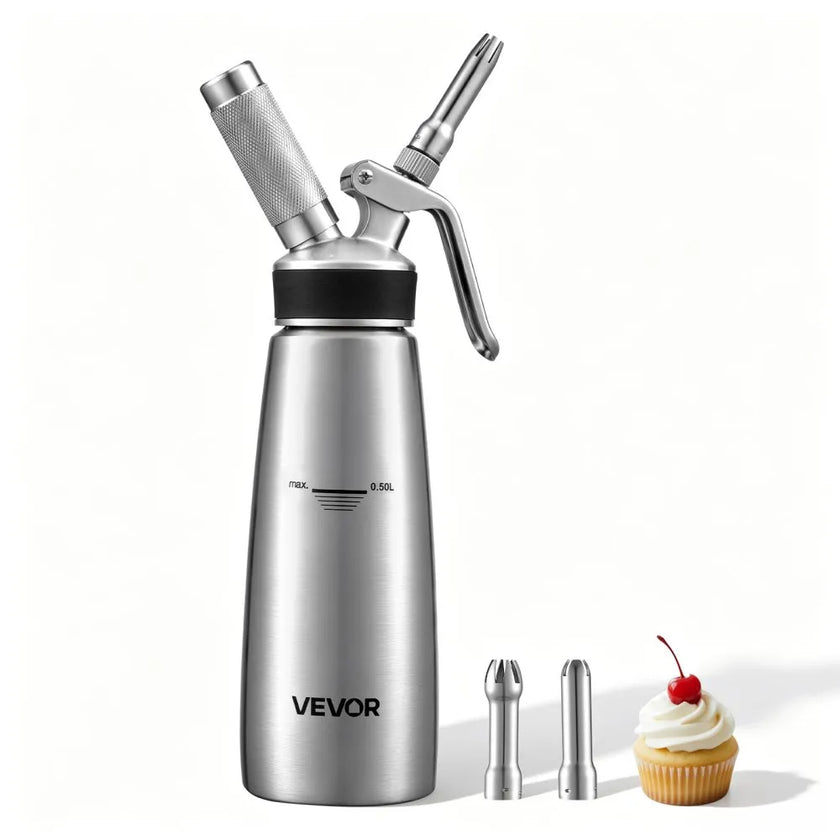 Professional 500ml Stainless Steel Whipped Cream Dispenser, 304 Stainless Steel Cream Whipper with 3 Decorating Nozzles & Cleaning Brush