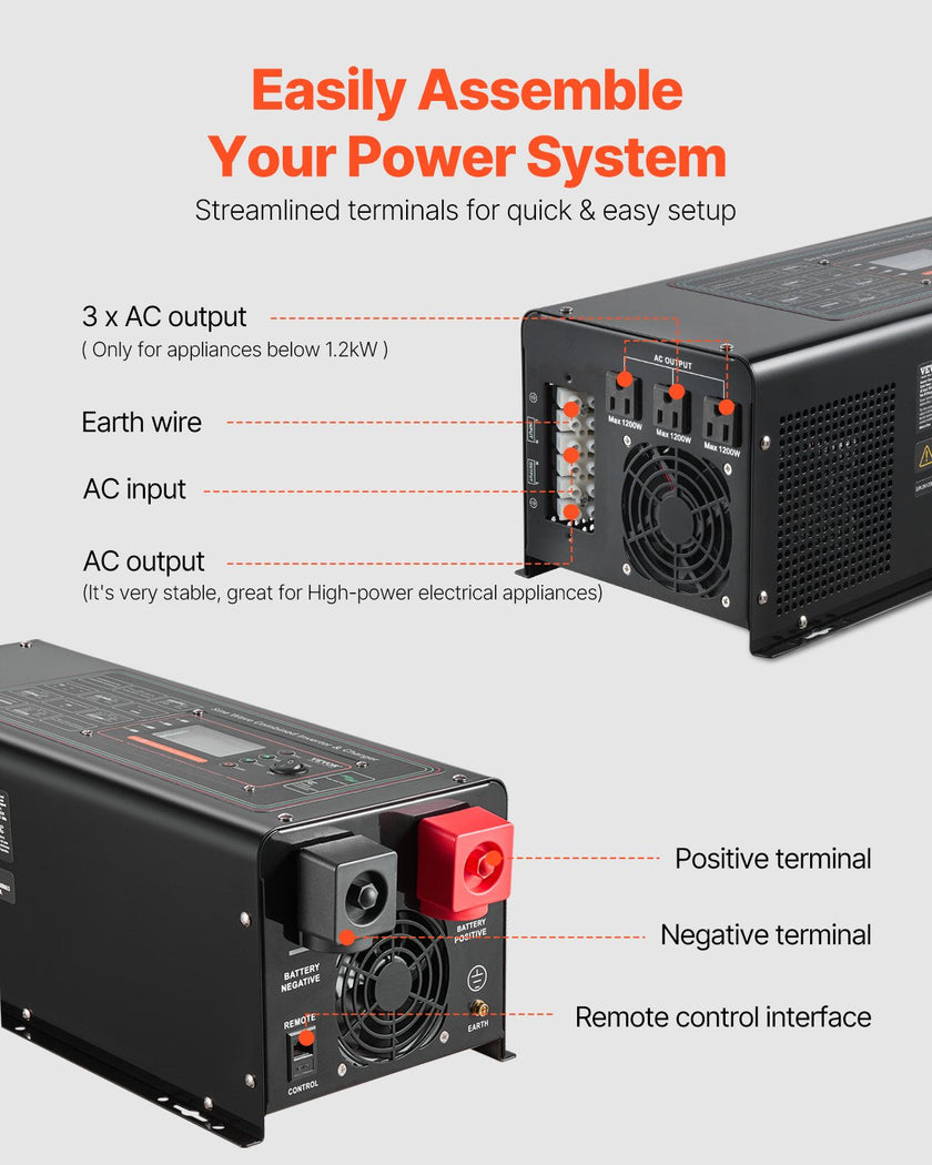 VEVOR 2000W Pure Sine Wave Inverter Charger DC 12V to AC 120V Power Inverter