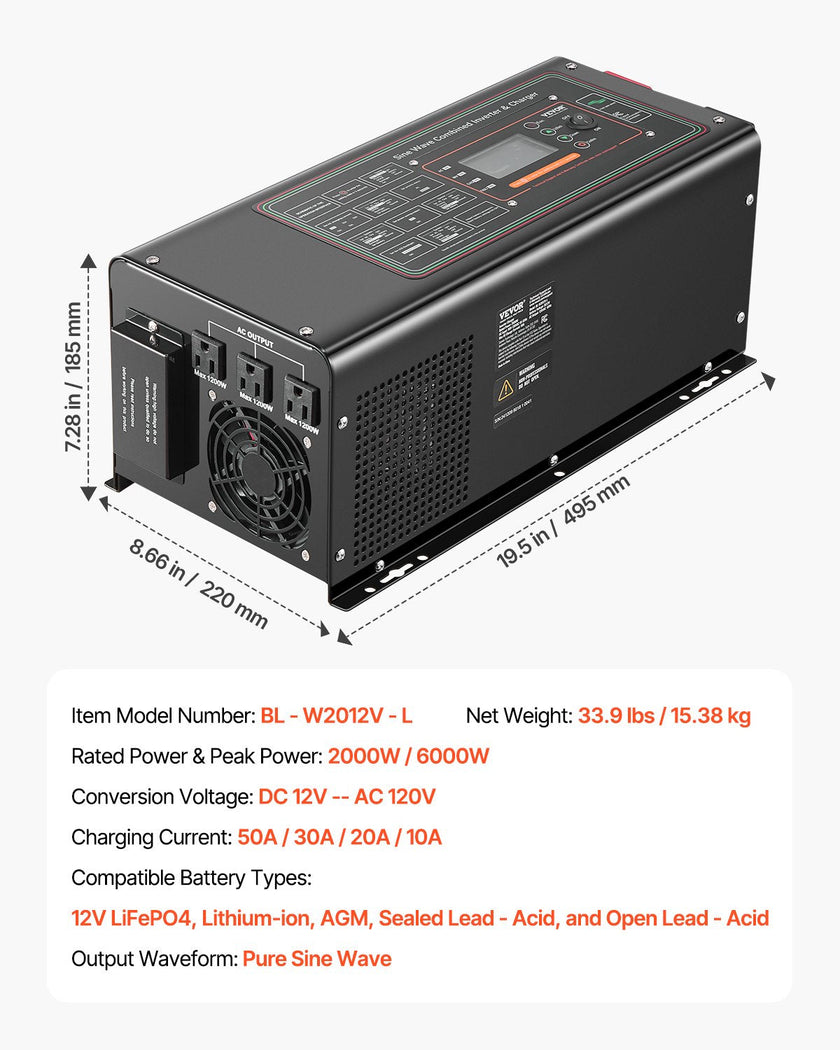 VEVOR 2000W Pure Sine Wave Inverter Charger DC 12V to AC 120V Power Inverter