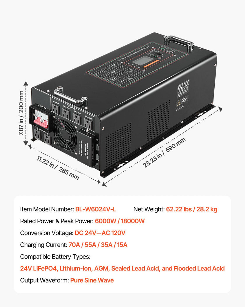 VEVOR 6000W Pure Sine Wave Inverter Charger DC 24V to AC 120V Power Inverter