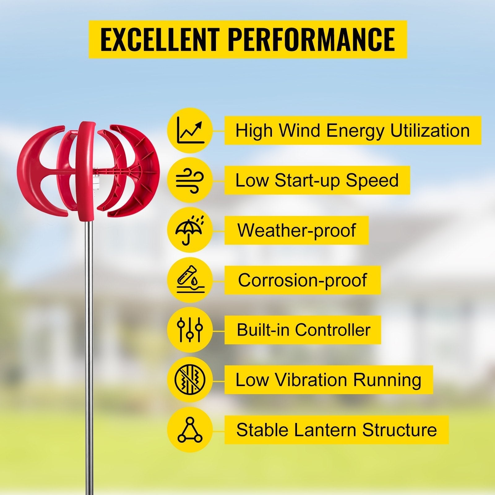 VEVOR Wind Turbine 400W 12V Wind Turbine Generator Red Lantern Vertical Wind Generator 5 Leaves Wind Turbine Kit Controller(400W 12V Red)