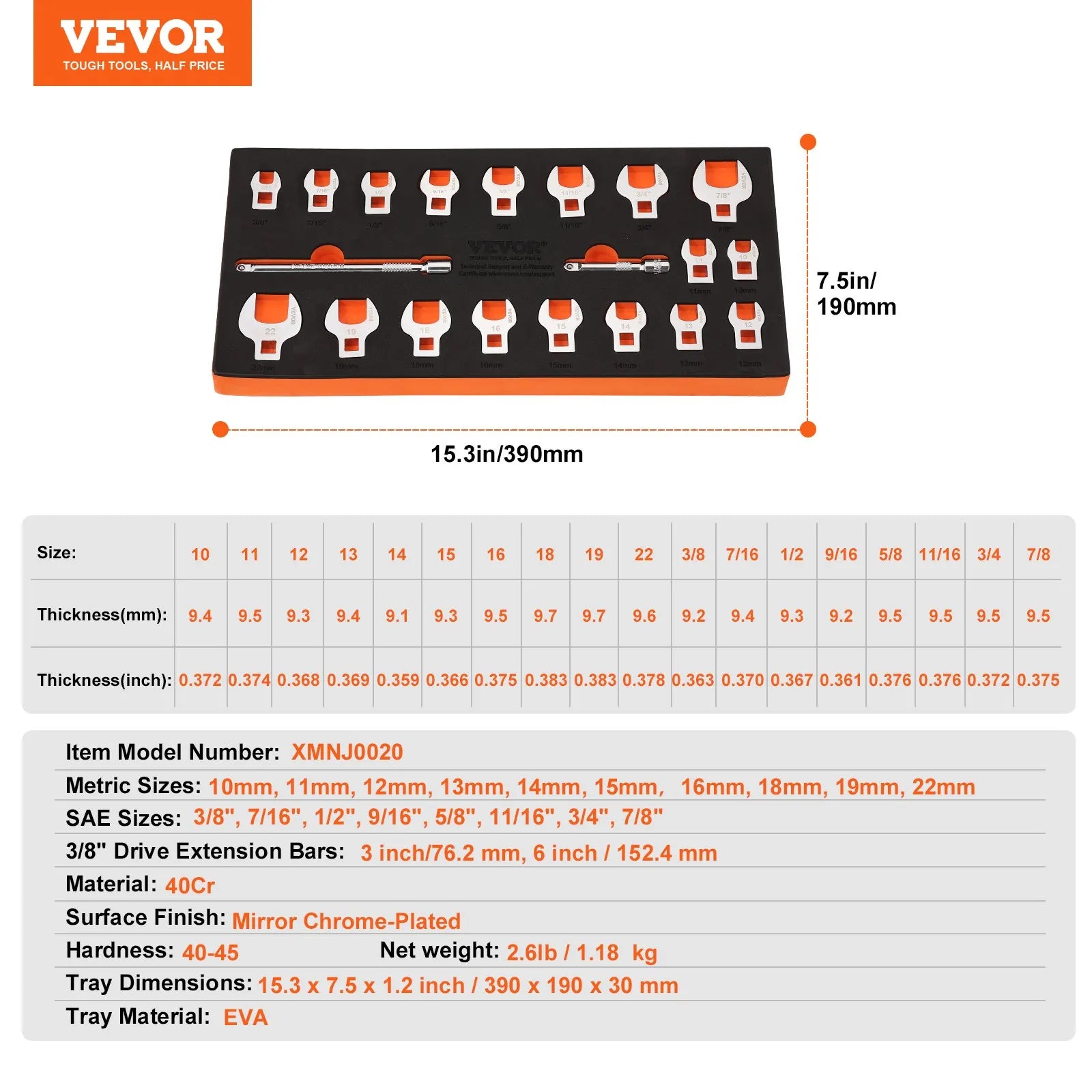 VEVOR Crowfoot Wrench Set, 3/8