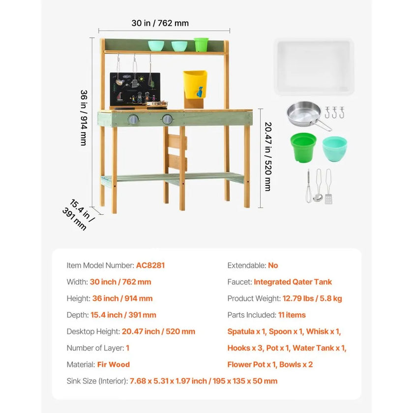VEVOR Wooden Mud Kitchen Outdoor Toy Play Kitchen Set for Kids Pretend Playset