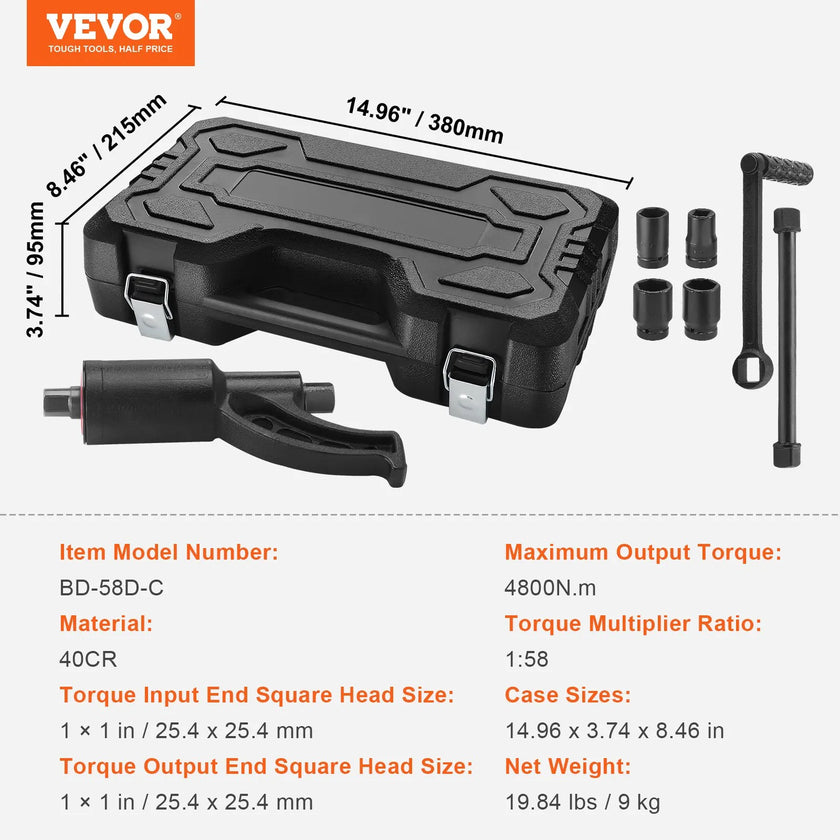 VEVOR Torque Multiplier, Heavy Duty Torque Multiplier Wrench Set, 1 Inch Drive Lug Nut Wrench Torque Multiplier, 1:58 4800N.m Lug Nut Remover, with 4 Sockets and Storage Case for Truck Trailer RV