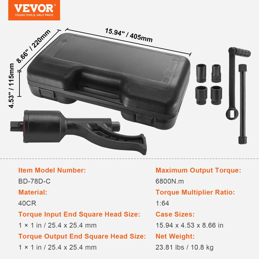 VEVOR Torque Multiplier, Heavy Duty Torque Multiplier Wrench Set, 1 Inch Drive Lug Nut Wrench Torque Multiplier, 1:64 6800N.m Lug Nut Remover, with 4 Sockets and Storage Case for Truck Trailer RV