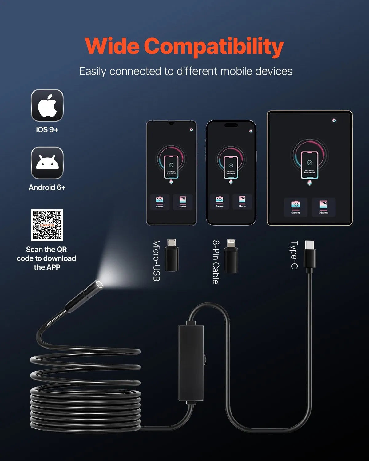 VEVOR Endoscope Camera 1920P HD Borescope for Android & IOS with 16.4FT Cable