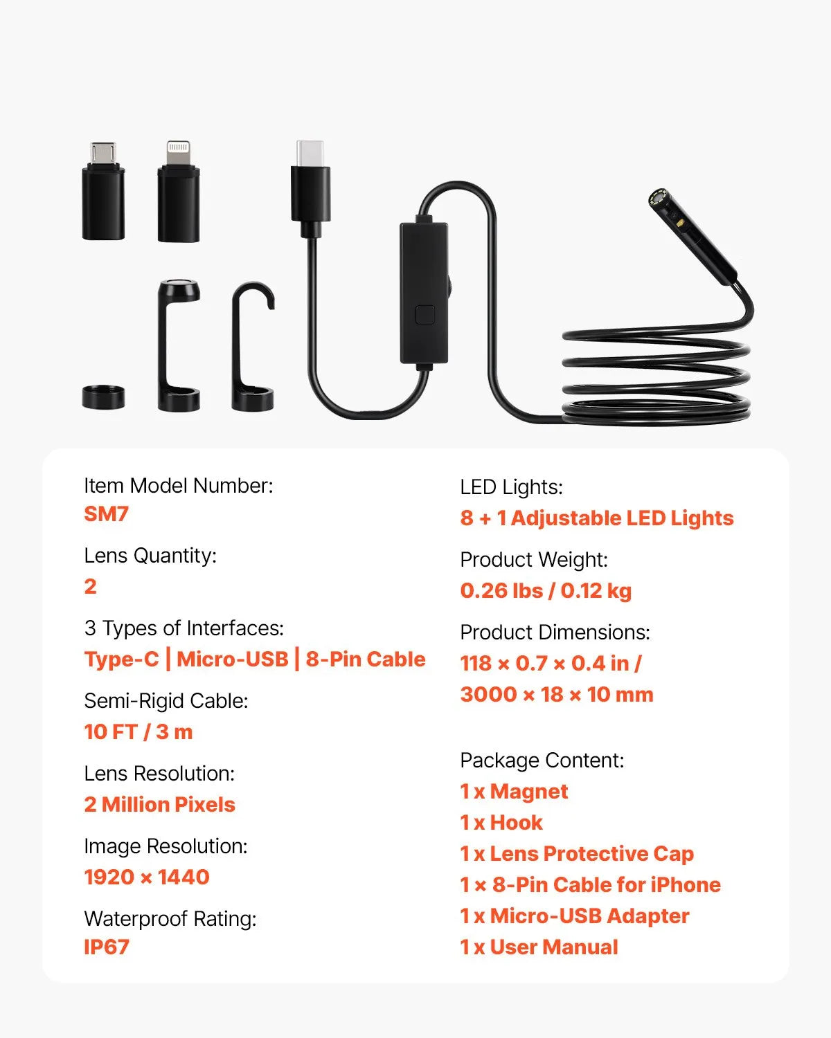 VEVOR Dual Lens Borescope Endoscope Camera for Android IOS & 10FT Snake Cable