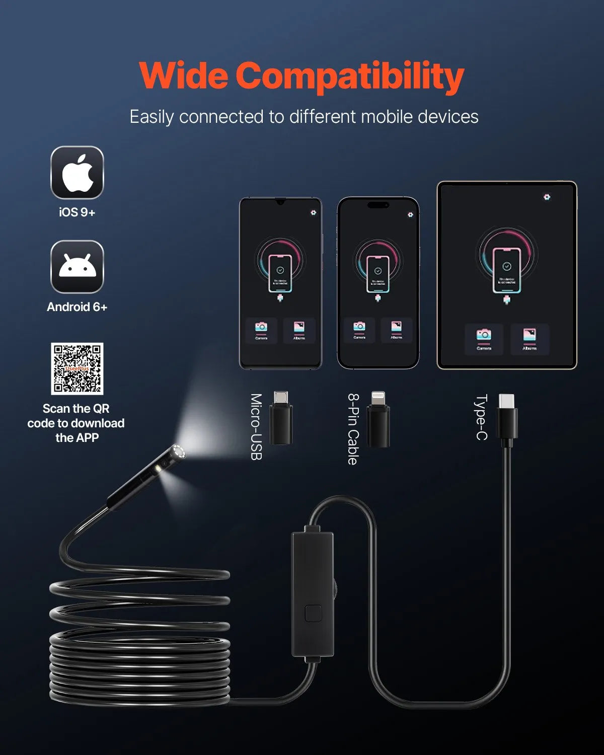 VEVOR Dual Lens Borescope Endoscope Camera for Android IOS & 16.4FT Snake Cable
