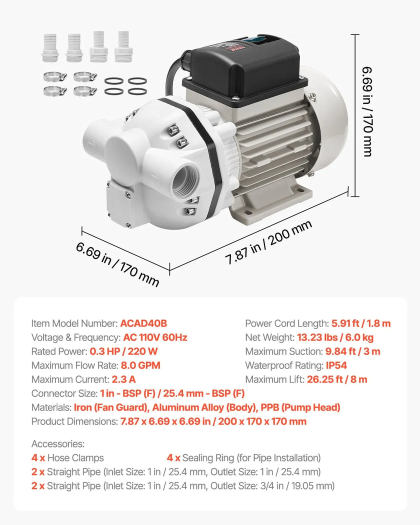 VEVOR DEF Transfer Pump 8 GPM 110V for Diesel Exhaust Fluid Urea Self Priming