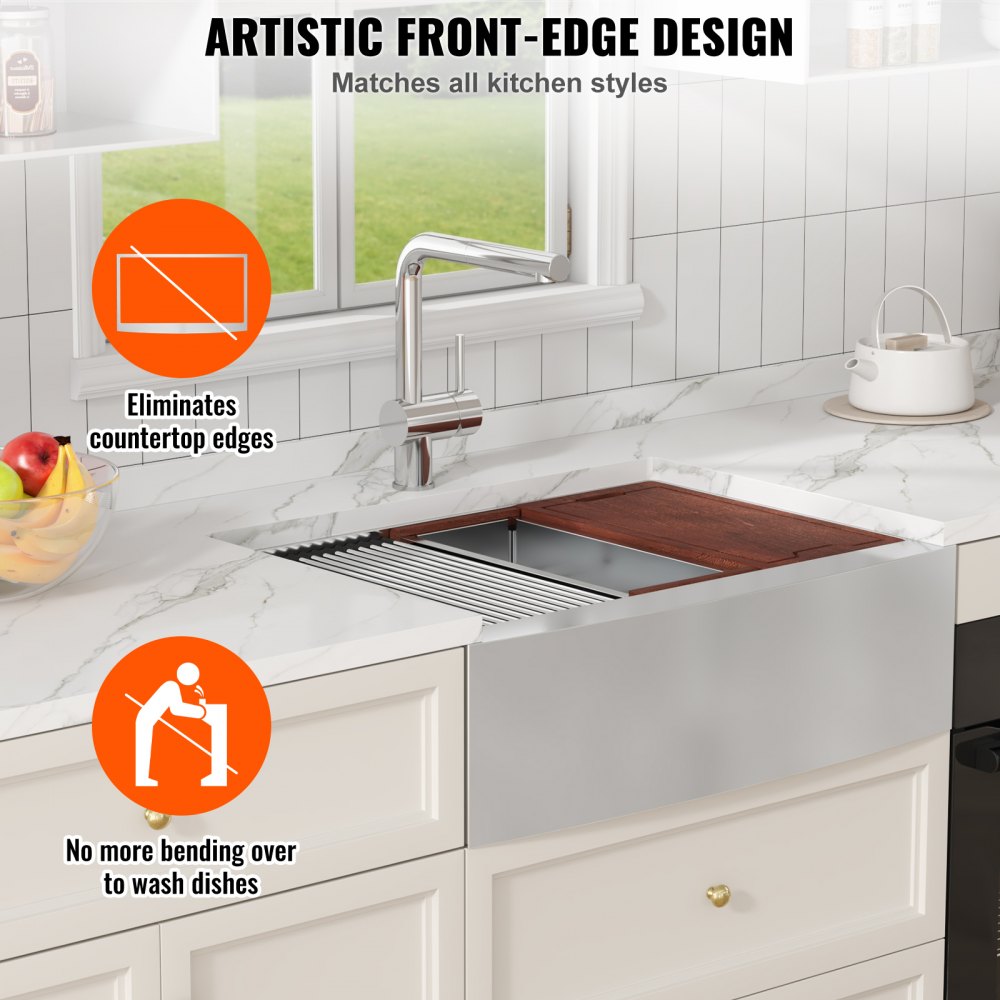 VEVOR Farmhouse Kitchen Sink, 304 Stainless Steel Drop-In Sinks, Top Mount Single Bowl Basin with Ledge & Accessories, Household Dishwasher Sinks for Workstation, Prep Kitchen, and Bar Sink, 36 inch