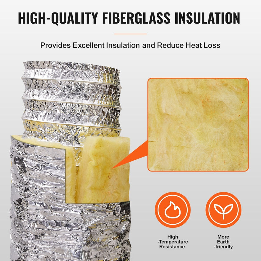 VEVOR Dryer Vent Hose, 6'' Insulated Flexible Duct 25FT Long with 2 Duct Clamps, Heavy-Duty Three Layer Protection for HVAC Heating Cooling Ventilation and Exhaust, R-4.2 Flame Resistance Value