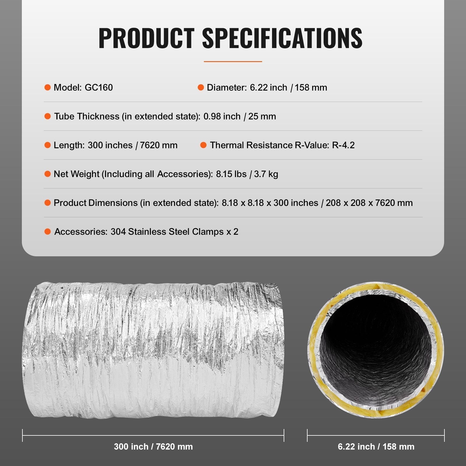 VEVOR Dryer Vent Hose, 6'' Insulated Flexible Duct 25FT Long with 2 Duct Clamps, Heavy-Duty Three Layer Protection for HVAC Heating Cooling Ventilation and Exhaust, R-4.2 Flame Resistance Value
