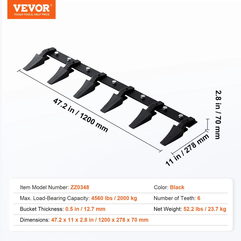 VEVOR Bucket Tooth Bar, 48'', Heavy Duty Tractor Bucket 6 Teeth Bar for Loader Tractor Skidsteer, 4560 lbs Load-Bearing Capacity Bolt On Design, for Efficient Soil Excavation and Bucket Protection