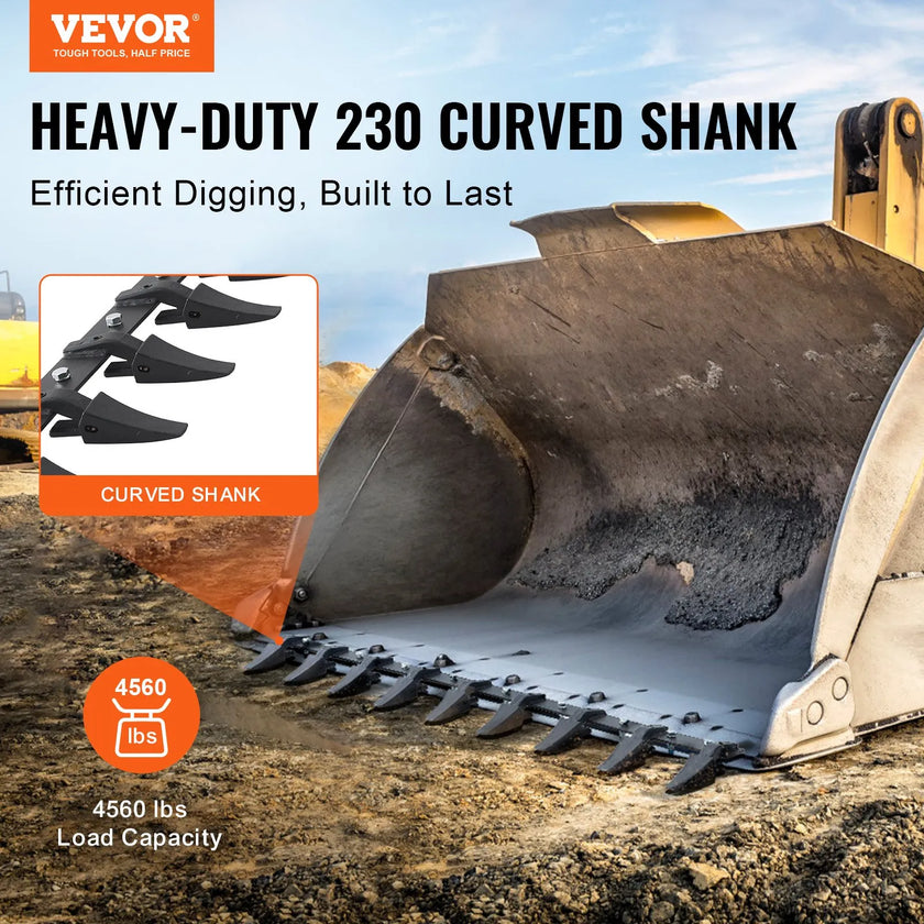 VEVOR Bucket Tooth Bar, 72'', Heavy Duty Tractor Bucket 9 Teeth Bar for Loader Tractor Skidsteer, 4560 lbs Load-Bearing Capacity Bolt On Design, for Efficient Soil Excavation and Bucket Protection