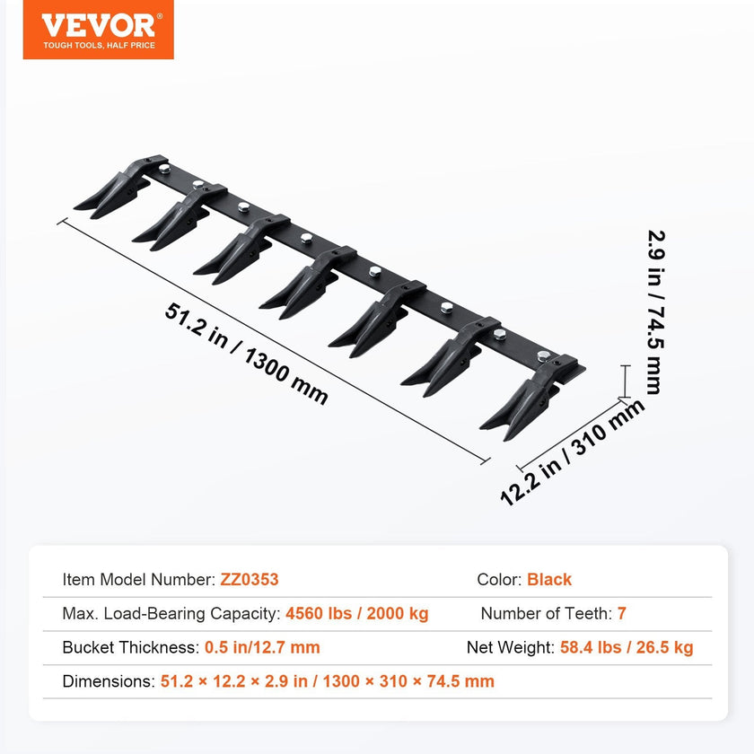 VEVOR Bucket Tooth Bar, 53'', Heavy Duty Tractor Bucket Teeth Bar for Sub-Compact Tractor Loader, 4560 lbs Load-Bearing Capacity, Fits Bucket Cutting Edges Sized 1/2