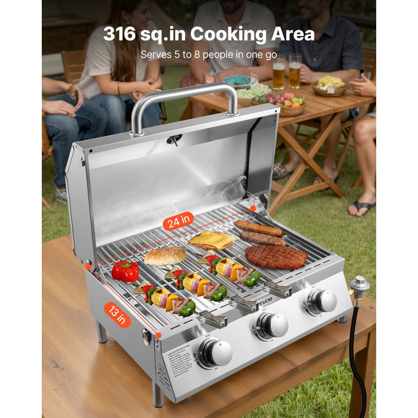 VEVOR Tabletop Gas Grill – 3-Burner Stainless Steel Portable Propane Grill, 22,500 BTU