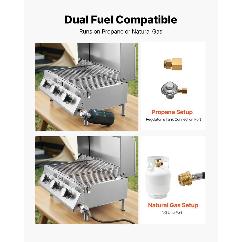 VEVOR Tabletop Gas Grill – 3-Burner Stainless Steel Portable Propane Grill, 22,500 BTU