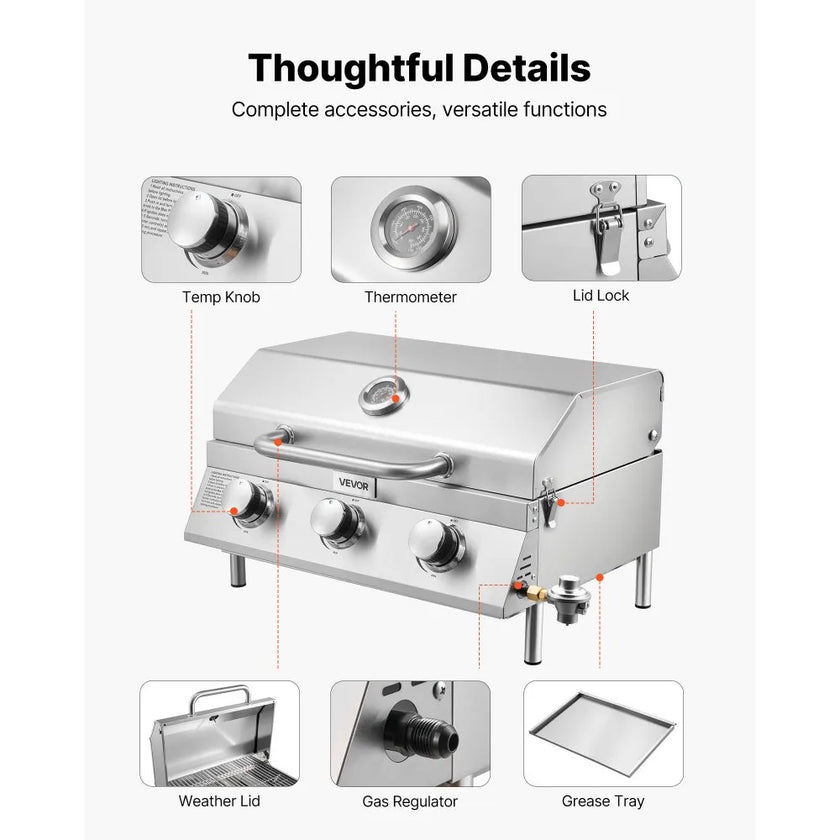 VEVOR Tabletop Gas Grill – 3-Burner Stainless Steel Portable Propane Grill, 22,500 BTU