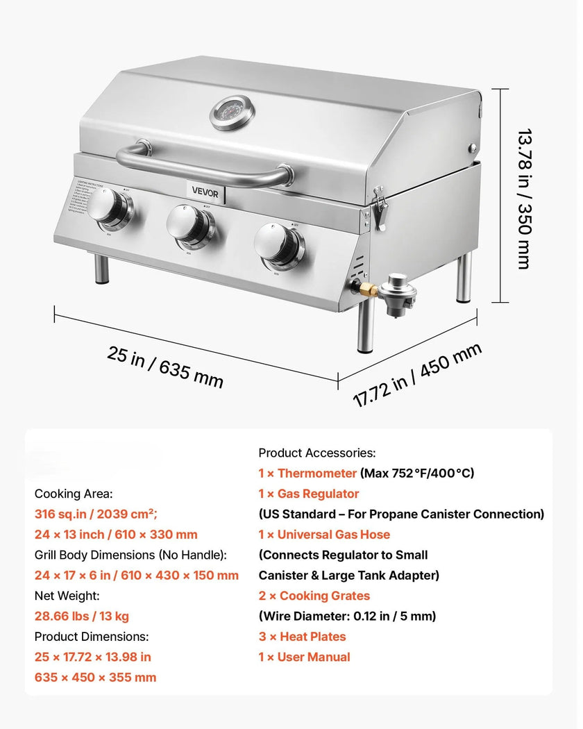 VEVOR Tabletop Gas Grill – 3-Burner Stainless Steel Portable Propane Grill, 22,500 BTU