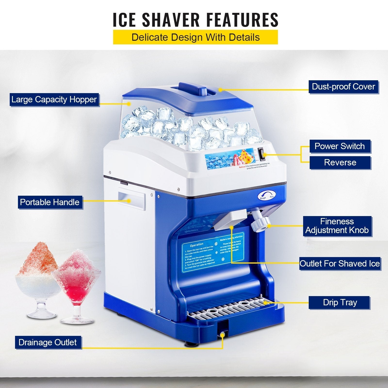 Commercial Ice Shaver Ice Shaving Machine, with Hopper, Electric Snow Cone Maker