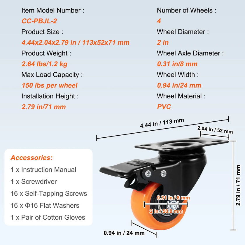 VEVOR Caster Wheels, 2-inch Swivel Plate Casters, Set of 4, with Security Dual Locking No Noise PVC Wheels, Heavy Duty 150 lbs Load Capacity Per Caster, Non-Marking Wheels for Cart Furniture Workbench