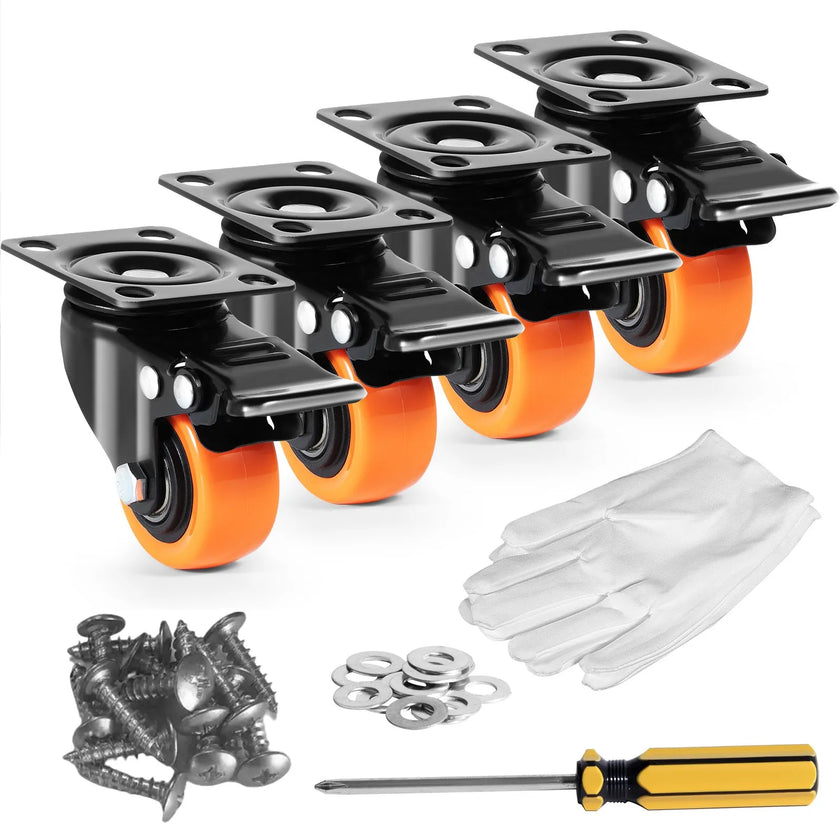 VEVOR Caster Wheels, 2-inch Swivel Plate Casters, Set of 4, with Security Dual Locking No Noise PVC Wheels, Heavy Duty 150 lbs Load Capacity Per Caster, Non-Marking Wheels for Cart Furniture Workbench