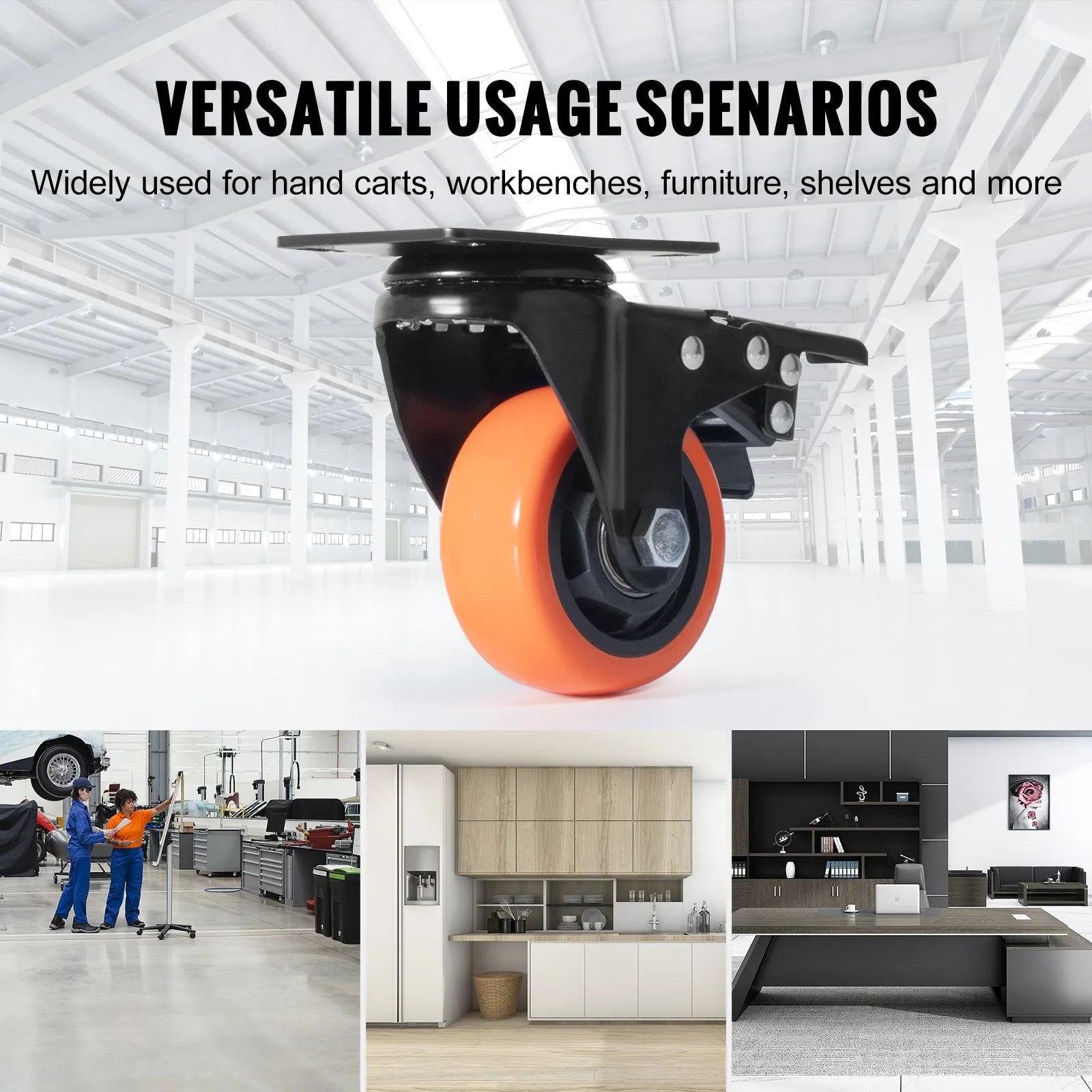 VEVOR Caster Wheels, 3-inch Swivel Plate Casters, Set of 4, with Security A/B Locking No Noise PVC Wheels, Heavy Duty 250 lbs Load Capacity Per Caster, Non-Marking Wheels for Cart Furniture Workbench