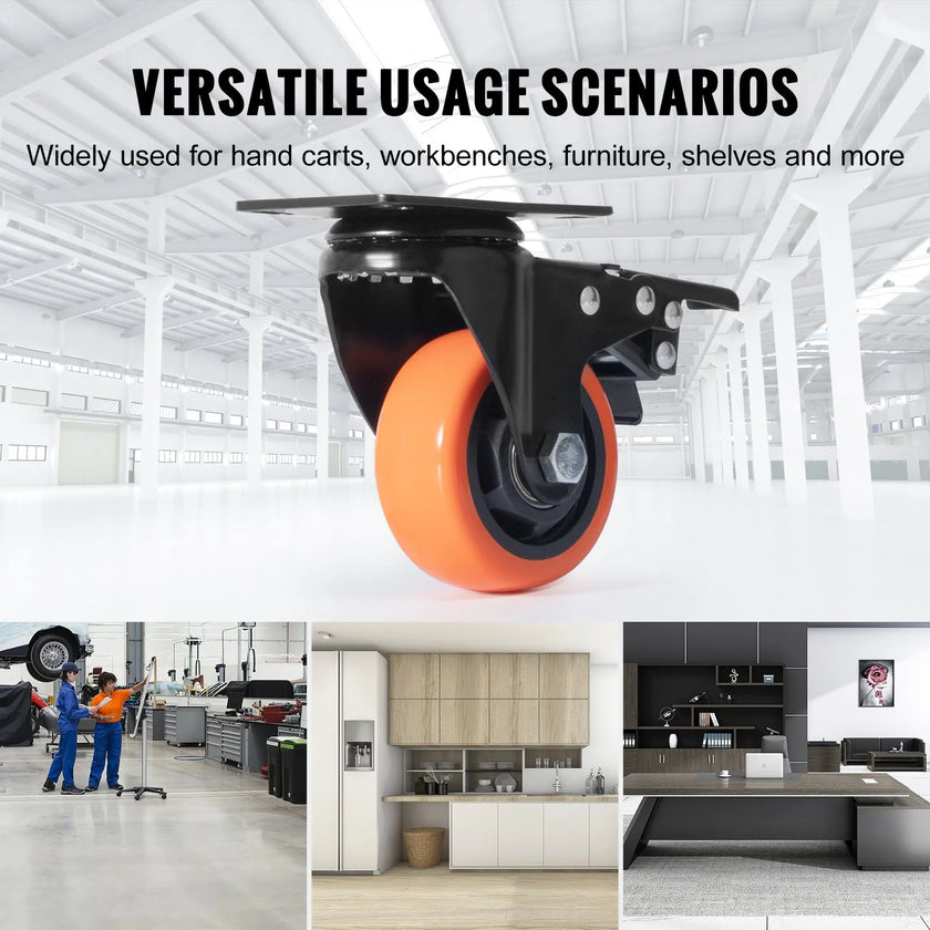 VEVOR Caster Wheels, 3-inch Swivel Plate Casters, Set of 4, with Security A/B Locking No Noise PVC Wheels, Heavy Duty 250 lbs Load Capacity Per Caster, Non-Marking Wheels for Cart Furniture Workbench