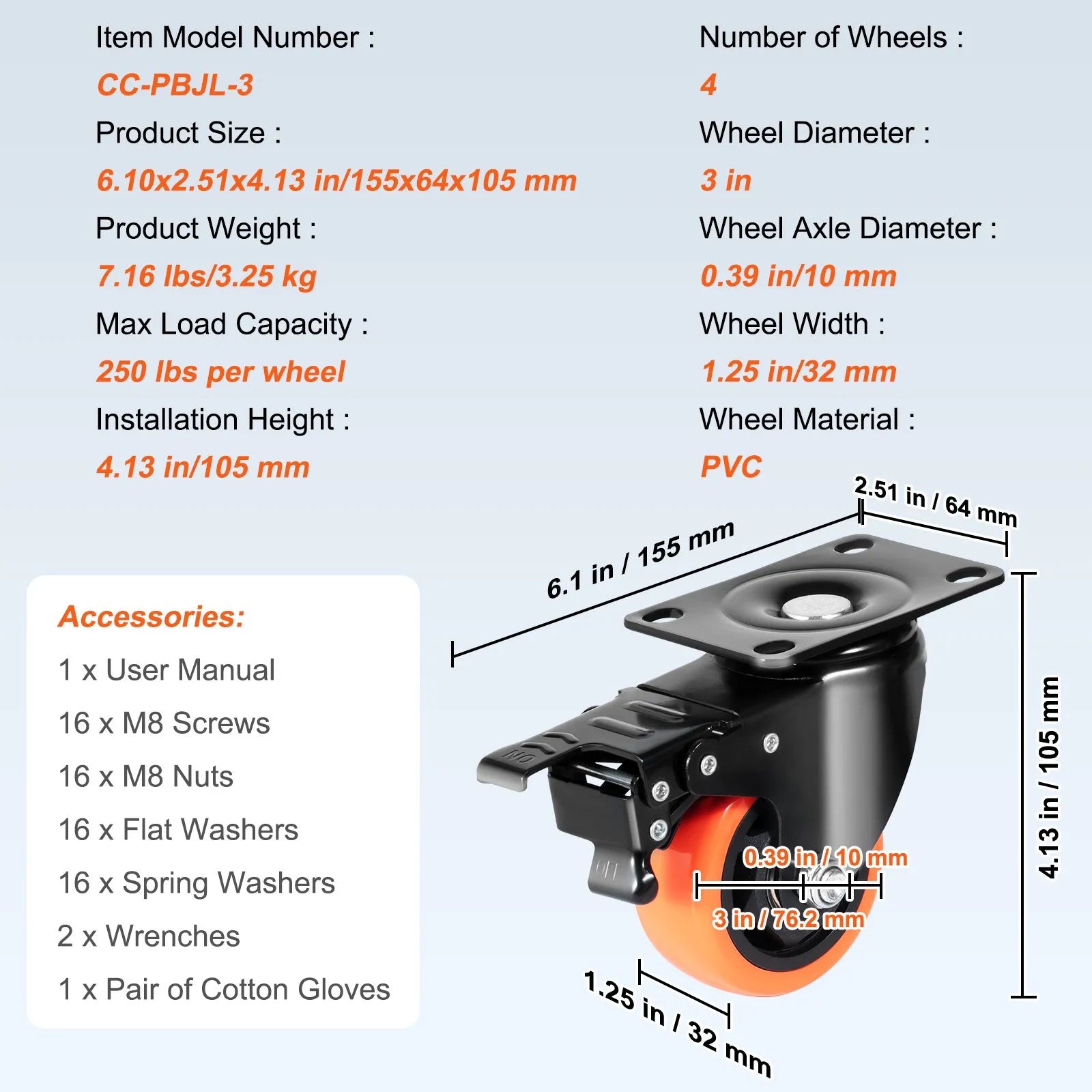 VEVOR Caster Wheels, 3-inch Swivel Plate Casters, Set of 4, with Security A/B Locking No Noise PVC Wheels, Heavy Duty 250 lbs Load Capacity Per Caster, Non-Marking Wheels for Cart Furniture Workbench