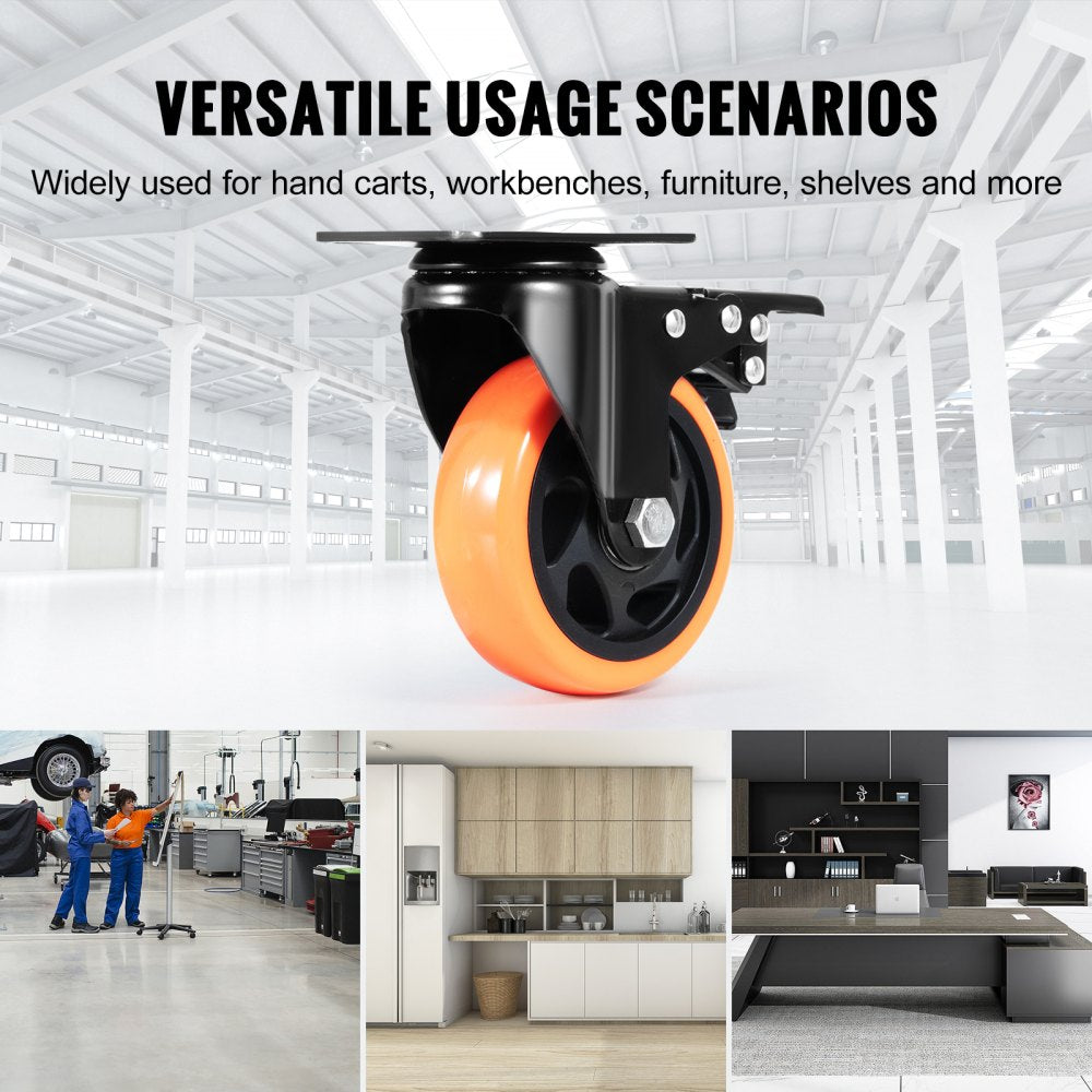 VEVOR Caster Wheels, 4-inch Swivel Plate Casters, Set of 4, with Security A/B Locking No Noise PVC Wheels, Heavy Duty 350 lbs Load Capacity Per Caster, Non-Marking Wheels for Cart Furniture Workbench