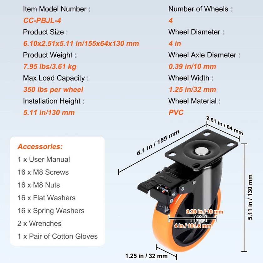 VEVOR Caster Wheels, 4-inch Swivel Plate Casters, Set of 4, with Security A/B Locking No Noise PVC Wheels, Heavy Duty 350 lbs Load Capacity Per Caster, Non-Marking Wheels for Cart Furniture Workbench