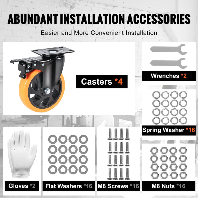 VEVOR Caster Wheels, 5-inch Swivel Plate Casters, Set of 4, with Security A/B Locking No Noise PVC Wheels, Heavy Duty 450 lbs Load Capacity Per Caster, Non-Marking Wheels for Cart Furniture Workbench