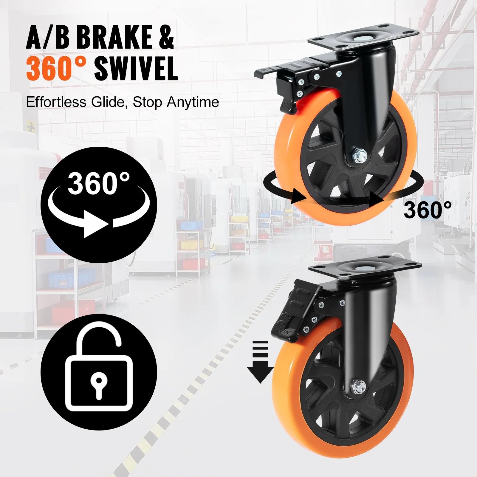 VEVOR Caster Wheels, 6-inch Swivel Plate Casters, Set of 4, with Security A/B Locking No Noise PVC Wheels, Heavy Duty 700 lbs Load Capacity Per Caster, Non-Marking Wheels for Cart Furniture Workbench