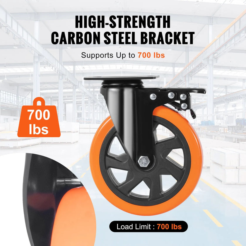VEVOR Caster Wheels, 6-inch Swivel Plate Casters, Set of 4, with Security A/B Locking No Noise PVC Wheels, Heavy Duty 700 lbs Load Capacity Per Caster, Non-Marking Wheels for Cart Furniture Workbench