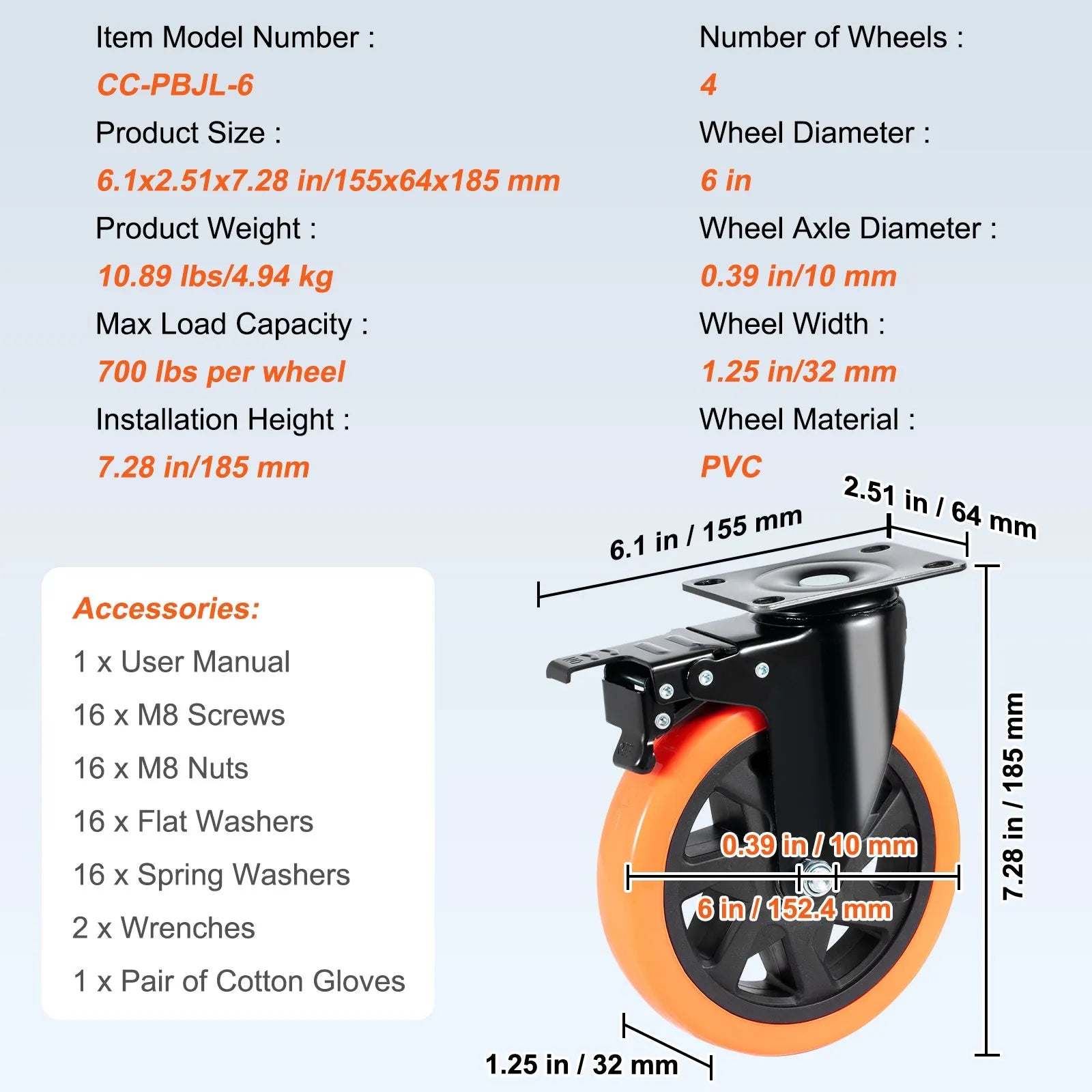 VEVOR Caster Wheels, 6-inch Swivel Plate Casters, Set of 4, with Security A/B Locking No Noise PVC Wheels, Heavy Duty 700 lbs Load Capacity Per Caster, Non-Marking Wheels for Cart Furniture Workbench