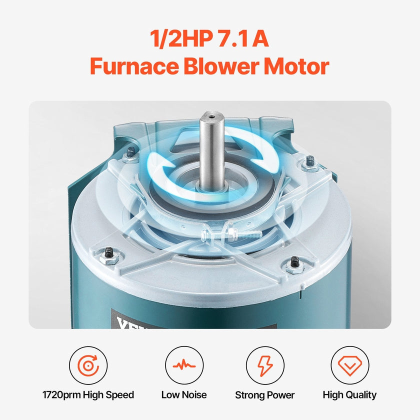 VEVOR 1/2HP Furnace Blower Motor 1720RPM 115V 7.1A 1-Phase 0.78