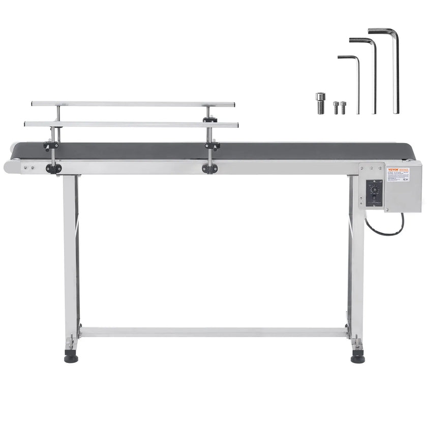 VEVOR Belt Conveyor, 59 x 15.7 inch Conveyor Table, Heavy Duty Stainless Steel Motorized Belt Conveyor for Inkjet Coding Applications Powered PVC Belt Anti-Static Adjustable Speed (Double Guardrail)