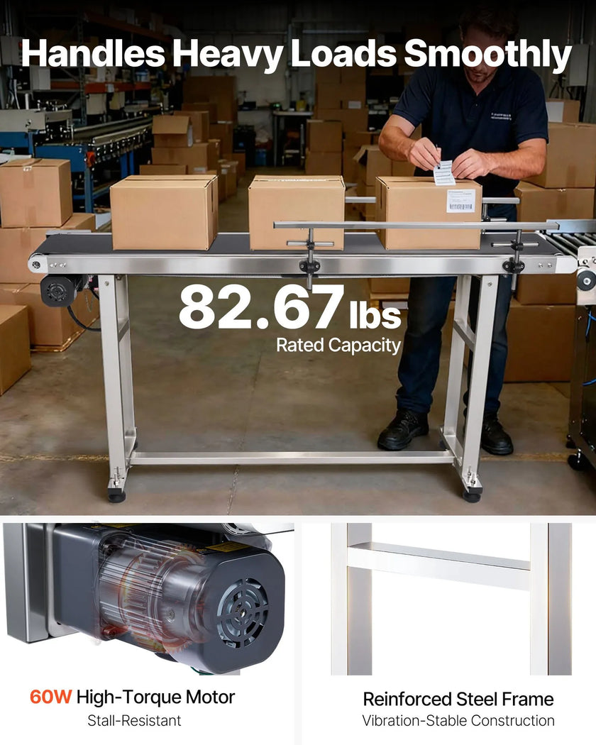 VEVOR Belt Conveyor, 59 x 7.8 inch Conveyor Table, Heavy Duty Stainless Steel Motorized Belt Conveyor for Inkjet Coding Applications Powered PVC Belt Anti-Static Adjustable Speed (Double Guardrail)
