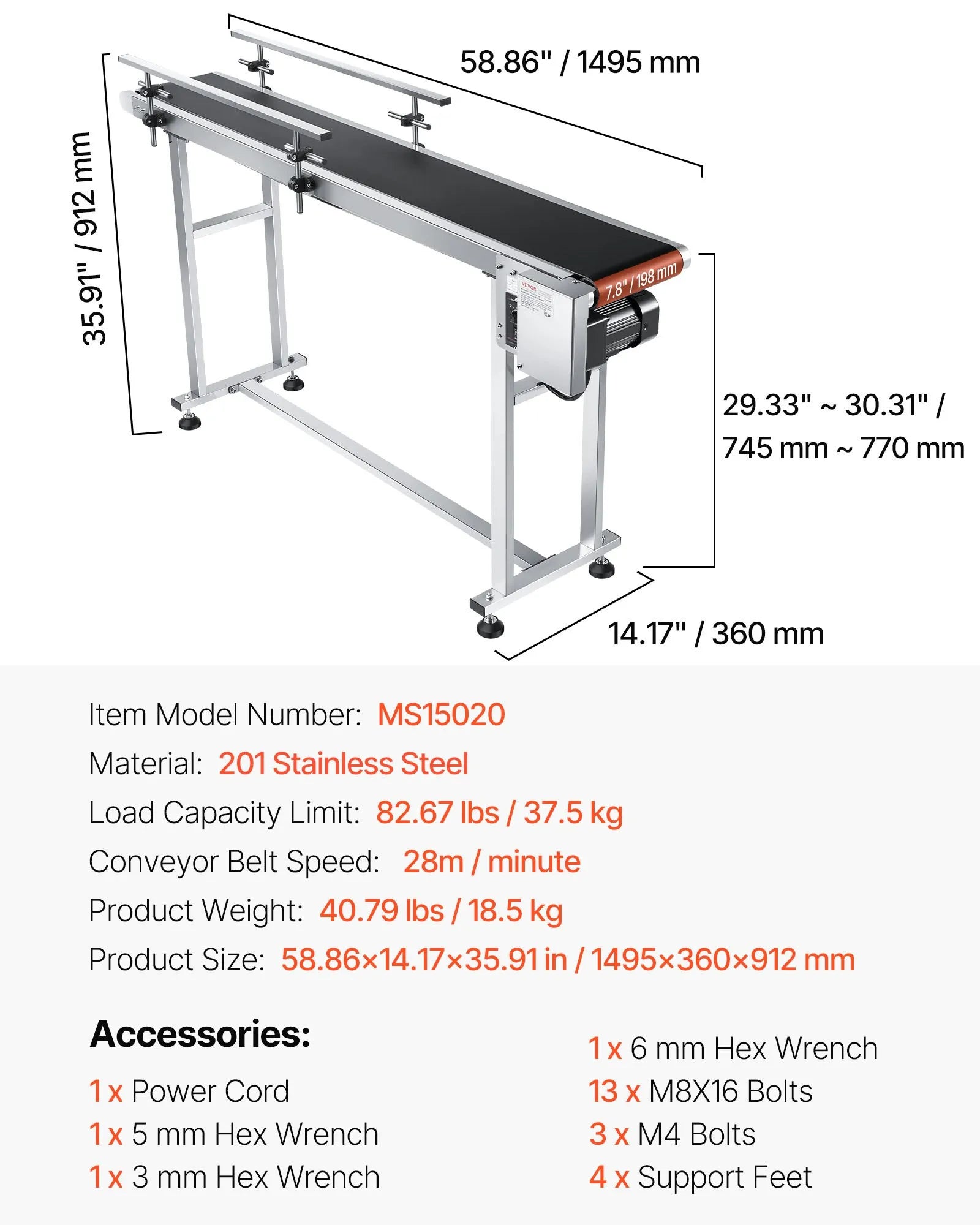 VEVOR Belt Conveyor, 59 x 7.8 inch Conveyor Table, Heavy Duty Stainless Steel Motorized Belt Conveyor for Inkjet Coding Applications Powered PVC Belt Anti-Static Adjustable Speed (Double Guardrail)