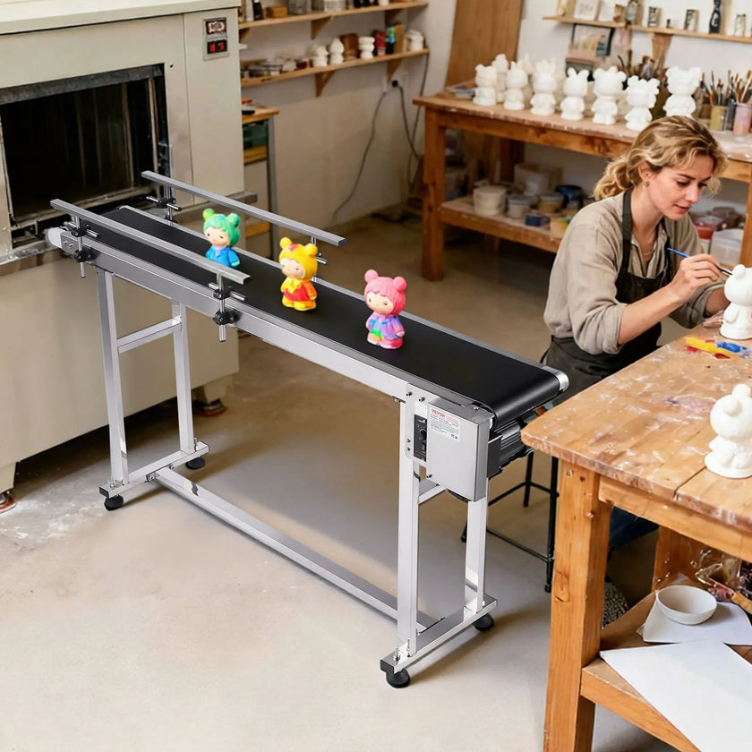 VEVOR Belt Conveyor, 59 x 7.8 inch Conveyor Table, Heavy Duty Stainless Steel Motorized Belt Conveyor for Inkjet Coding Applications Powered PVC Belt Anti-Static Adjustable Speed (Double Guardrail)