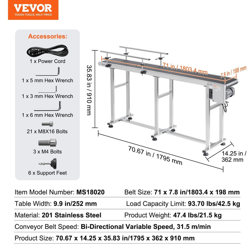 VEVOR Belt Conveyor, 71 x 7.8 inch Conveyor Table, Heavy Duty Stainless Steel Motorized Belt Conveyor for Inkjet Coding Applications Powered PVC Belt Anti-Static Adjustable Speed (Double Guardrail)