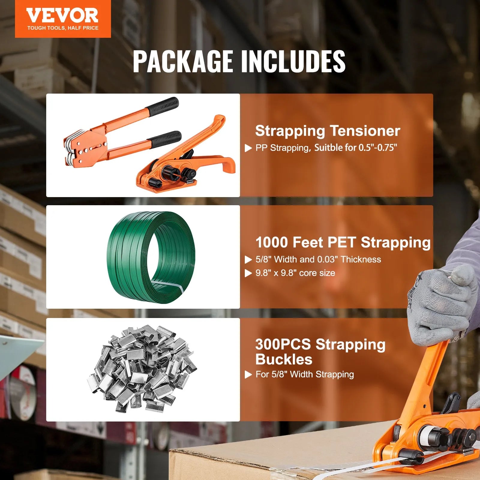 VEVOR Banding Strapping Kit with Strapping Tensioner Tool, Banding Sealer Tool, 1000 ft Length PET Band, 300 Metal Seals, Pallet Packaging Strapping Banding Kit Banding Packaging Strapping for Packing