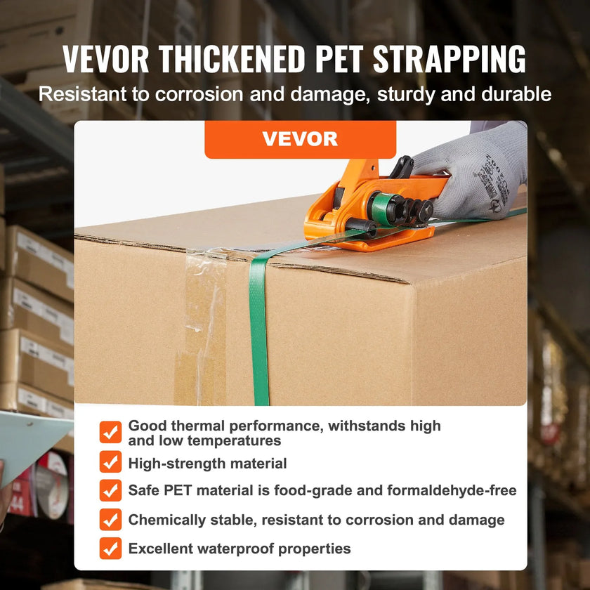 VEVOR Banding Strapping Kit with Strapping Tensioner Tool, Banding Sealer Tool, 1000 ft Length PET Band, 300 Metal Seals, Pallet Packaging Strapping Banding Kit Banding Packaging Strapping for Packing