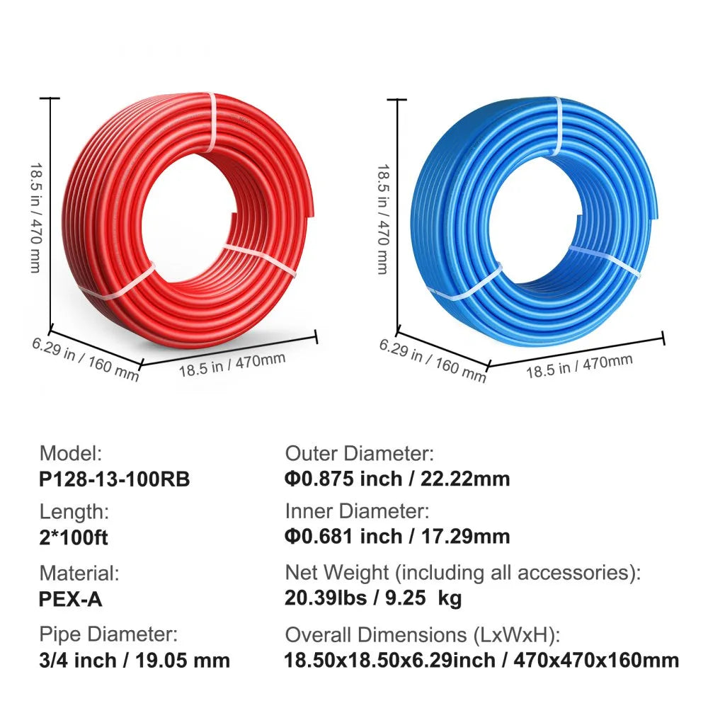 VEVOR PEX Pipe 3/4 Inch, 2 x 100 Feet Length PEX-A Flexible Pipe Tubing for Potable Water, Pex Water Lines for Hot/Cold Water & Easily Restore, Plumbing Applications with Free Cutter, Blue & Red