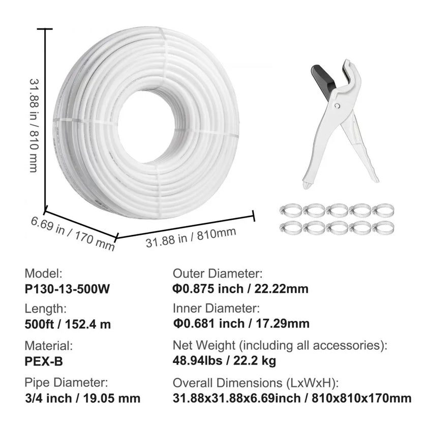 VEVOR PEX Pipe 3/4 Inch, 500 Feet Length PEX-B Flexible Pipe Tubing for Potable Water, Pex Water Lines for Hot/Cold Water & Easily Restore, Plumbing Applications with Free Cutter & Clamps ,White