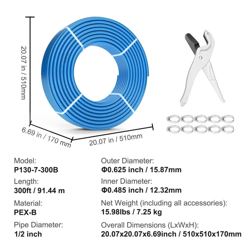VEVOR PEX Pipe 1/2 Inch, 300 Feet Length PEX-B Flexible Pipe Tubing for Potable Water, Pex Water Lines for Hot/Cold Water & Easily Restore, Plumbing Applications with Free Cutter & Clamps ,Blue