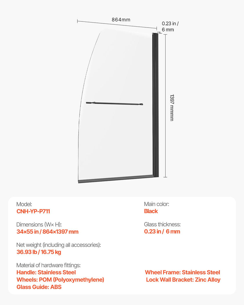 VEVOR Frameless Bathtub Shower Door 34 in. W x 55 in. H 180° Rotatable Door